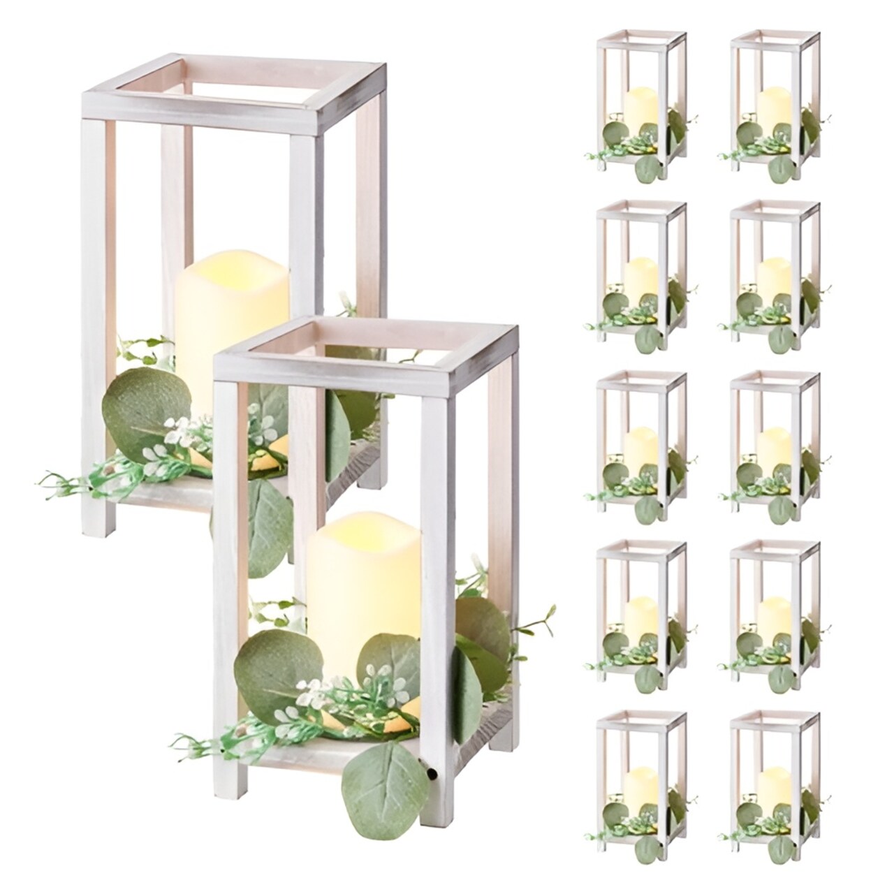 Wooden Wedding Lantern Centerpiece with LED Candle, Flower Wreath for Table Decor